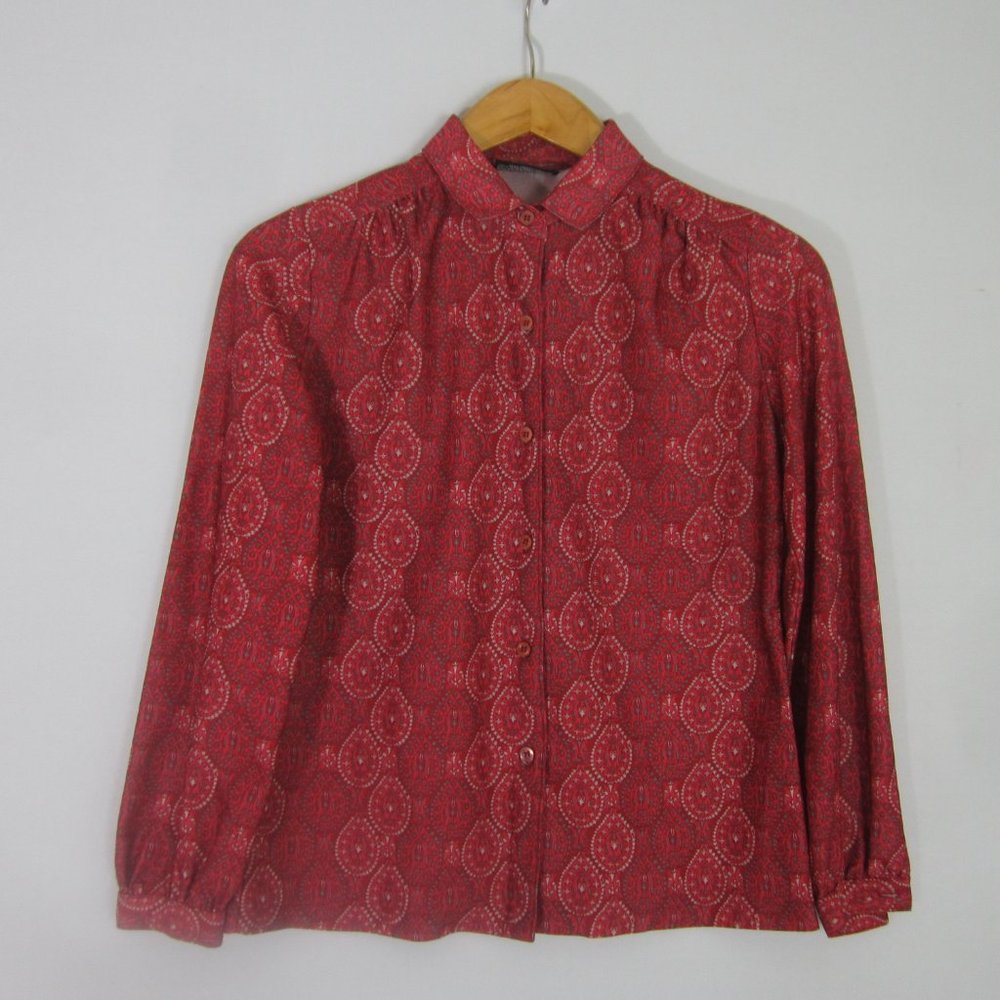 Vintage 70s Joren San Francisco Womens 10 Red Paisley Long Sleeve Shirt Retro M